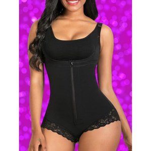 Black Lace-Trim Zip Front Shapewear Bodysuit